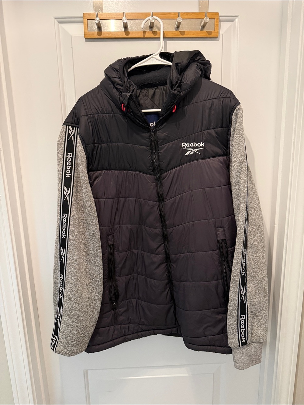 Reebok Black & Gray Quilted Hooded Jacket with Logo Tape Sleeves